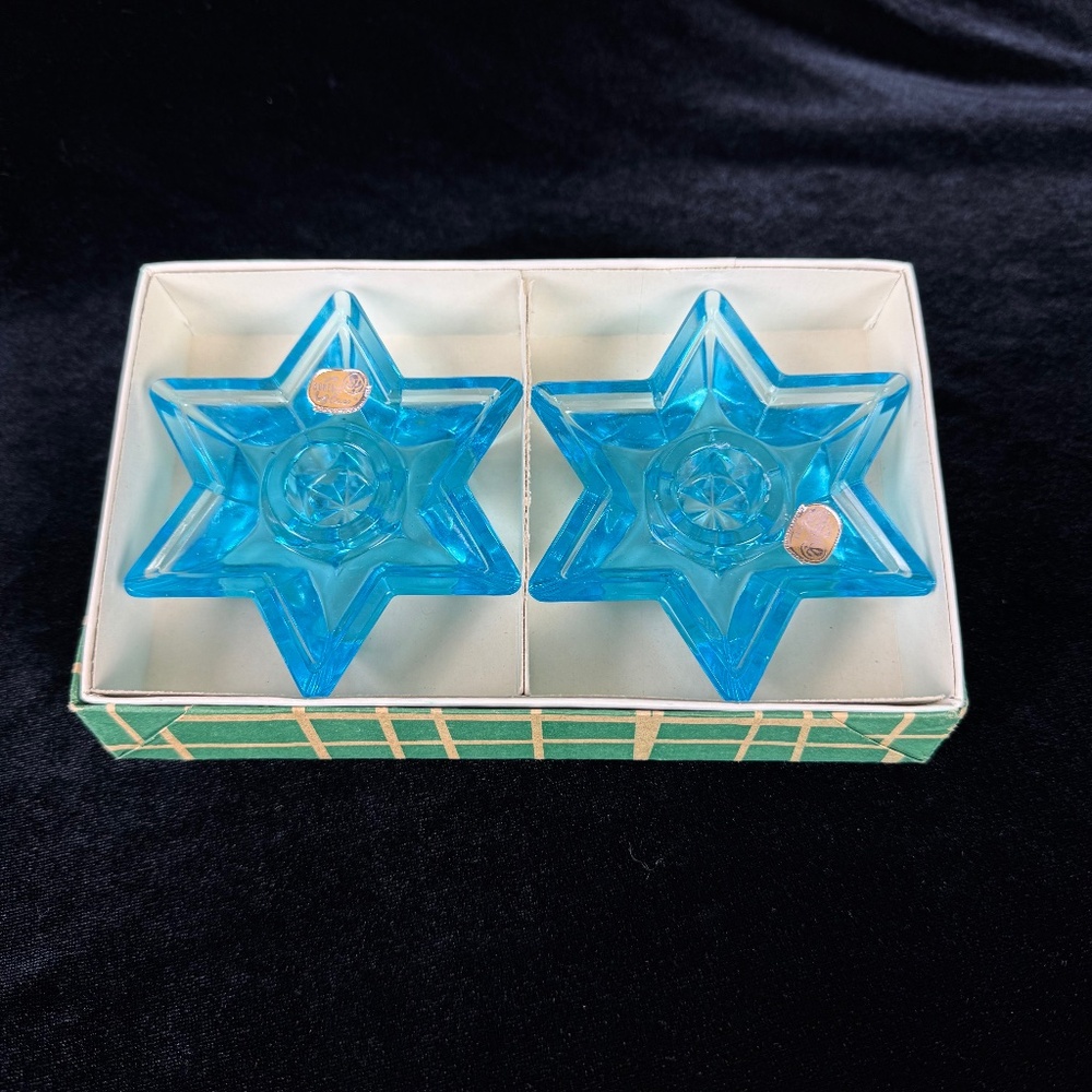 2 Blue Star of David Candleholders Vintage MCM Bohemian Glass Original Box